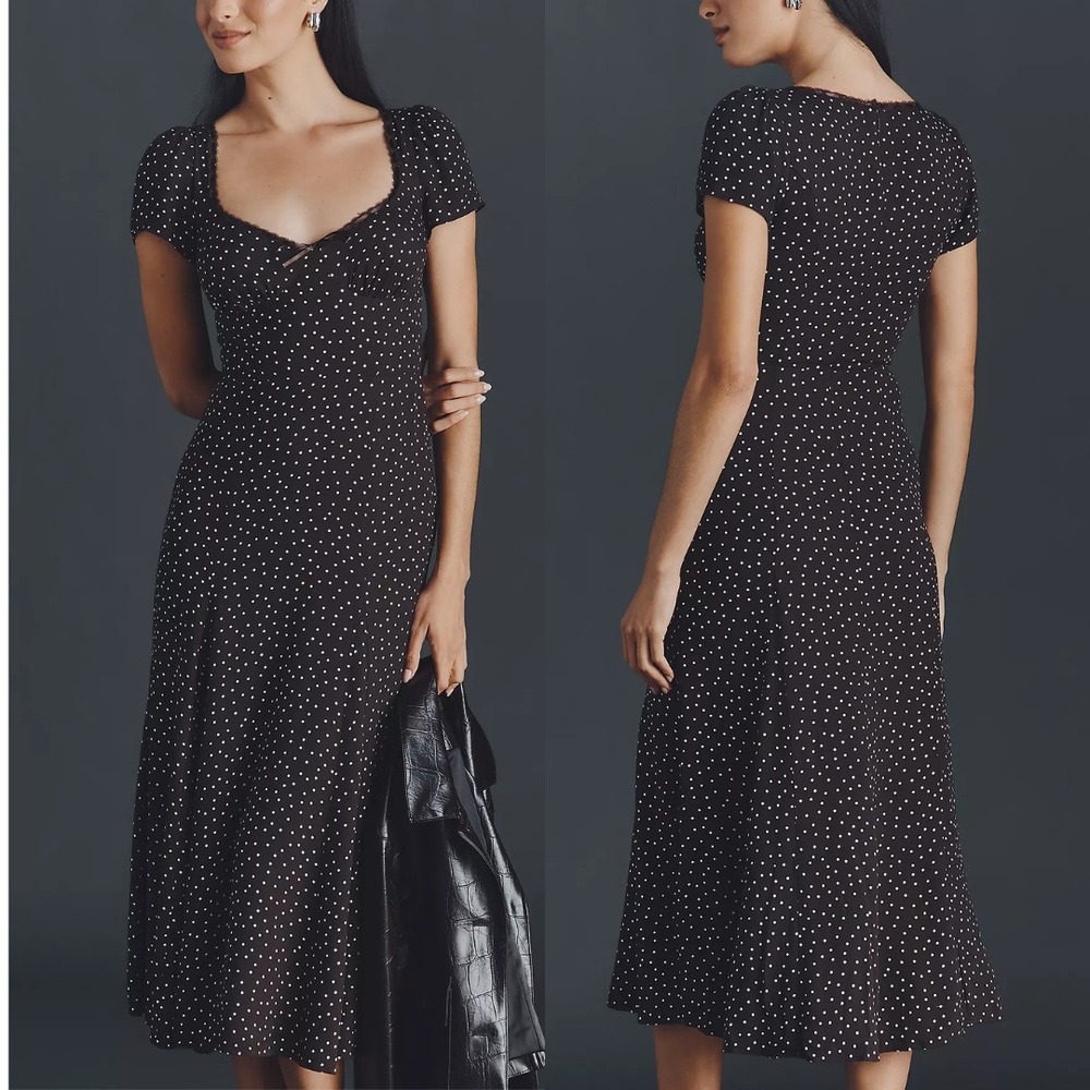 Reformation | NWT Afton Polka Dot Lace Trim Midi Dress in Blue Dream Dot size 10 - Picture 3 of 10